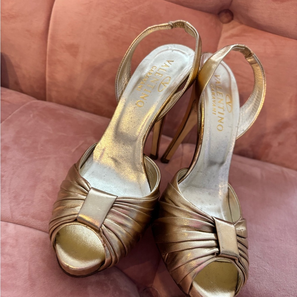 Valentino Metallic Gold Peep-Toe Heels